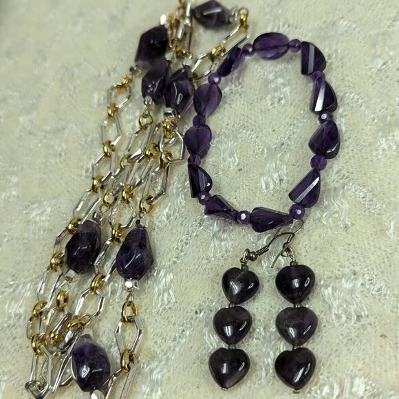 Vintage Estate Amethyst? Ametrine? Beaded Gold Tone Necklace Earrings Bracelet - Picture 10 of 10